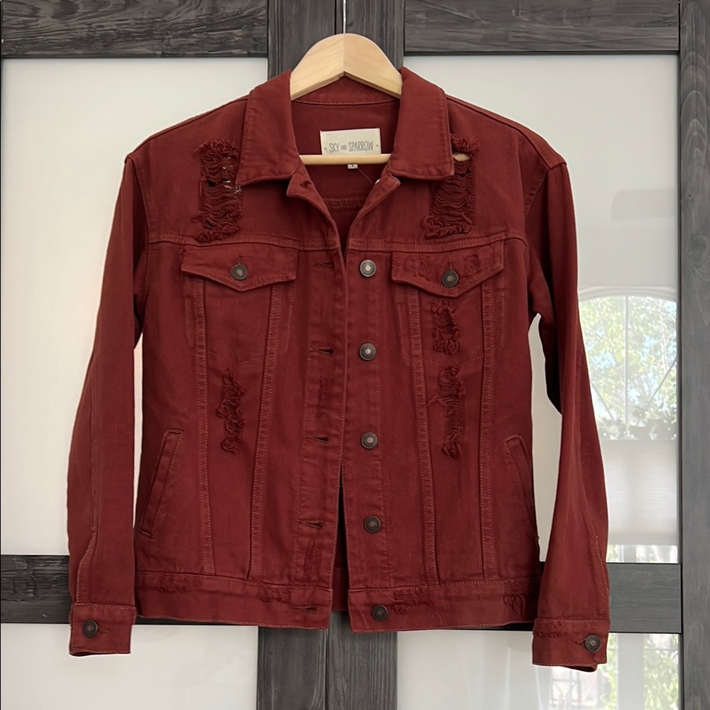 Rust Brown Distressed Denim Jacket NWOT by Sky and Sparrow